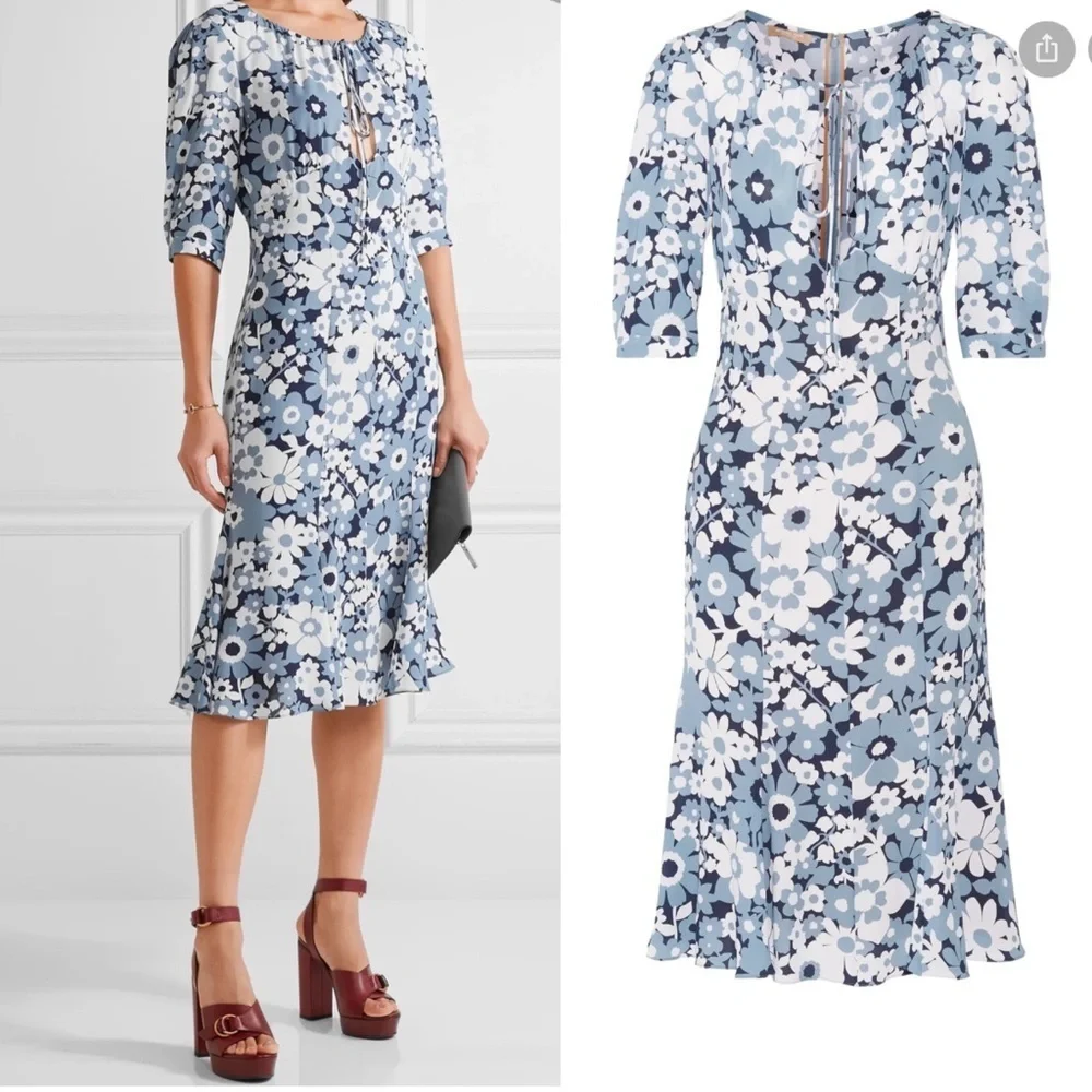 MICHAEL KORS COLLECTION Blue White Midi Floral Silk Georgette Dress sz 2